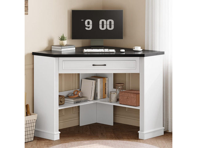 31.5' White Corner Desk, Small Corner Desk for Small Space, Farmhouse Triangle Computer Desk with Drawer and Storage for Home Office, Living Room,...