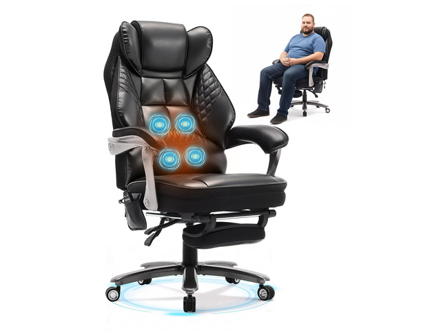 Big and Tall Office Chair with Massage and Heat, 23.5' Wide Leather Office Chair with Back Support, Ergonomic Comfort 140° Reclining Desk Chairs...