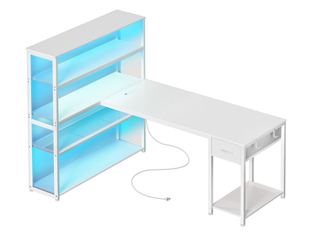 57 Inch L Shaped Gaming Computer Desk with Larger Open Cabinet, Reverisble Office Desk with Power Outlets, LED Lights, Work Desk, Fabric Drawer,...