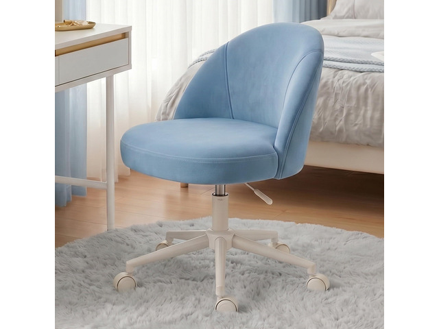 Velvet Vanity Chair with Wheels, Armless, Height Adjustable, Blue Swivel Desk Chair Curved Lumbar Back Support Rolling Task Chair For Makeup...