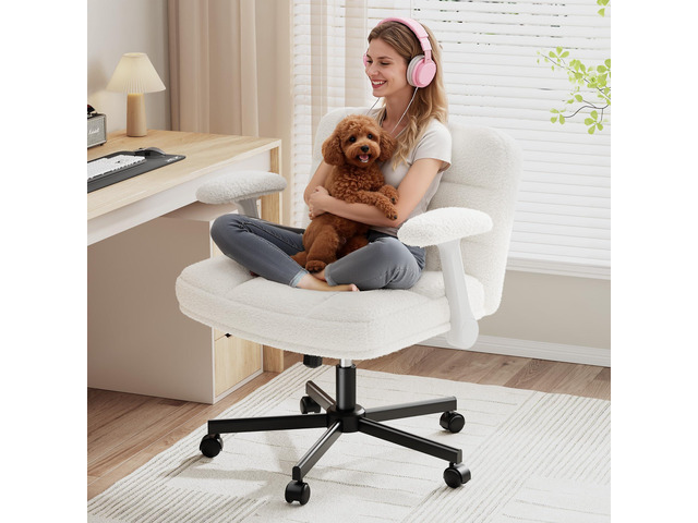 Criss Cross Chair with Wheels, Office Chair with Flip-up Armrests, Vanity Chair for Bedroom, Home Office, Apartment, Plush Fabric, Beige