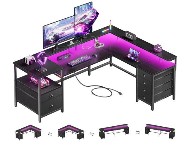 66' Reversible L Shaped Gaming Desk with 6 Drawers & Printer Storage Shelves, Corner Computer Desk with Power Outlets & LED Lights, Home Office...