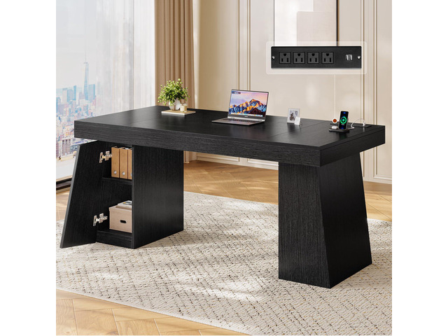 55.9 in Executive Desk with Power Outlets, Modern Home Office Desk with Storage Cabinet, Wood Computer Desk Business Workstation Desk Conference...
