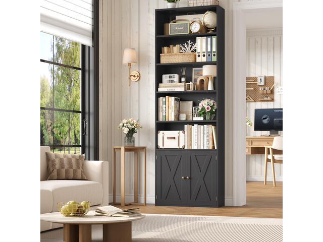 82' Tall Bookcase and Book Shelf, 24' Wide Bookshelf with Doors, 7 Tier Bookcase with Storage and Adjustable Shelf, Open and Display Farmhouse...