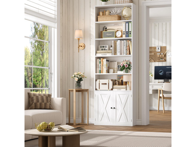82' Tall Bookcase and Book Shelf, 24' Wide Bookshelf with Doors, 7 Tier Bookcase with Storage and Adjustable Shelf, Open and Display Farmhouse...