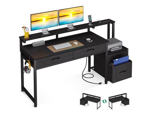Computer Desk with 4 Drawers, 55 Inch Office Desk with Printer Shelf & Built-in Power Outlet, Work Desk with Monitor Shelf for Home Small Spaces,...