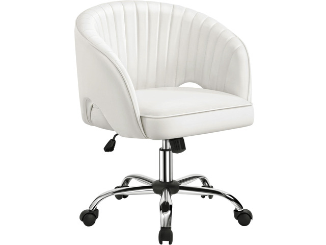 Home Office Chair, Faux Leather Desk Chair, Modern Swivel Chair with Tufted Barrel Back, Rolling Wheels for Office,Study, Vanity, Bedroom White