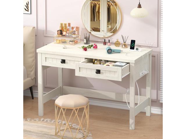 Farmhouse Computer Desk with 2 Drawers, 39 Inch Small Office Computer Desk with Power Outlets, Compact Writing Study Vanity Desk for Small Spaces,...