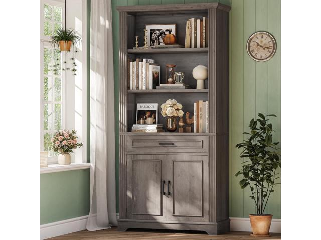 Farmhouse Bookshelves and Bookcases with Doors and Drawer, Bookshelf with Storage, Floor Standing 6 Shelf Display Storage Shelves 70 in Tall...