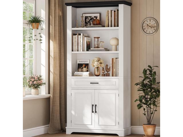 Farmhouse Bookshelves and Bookcases with Doors and Drawer, Bookshelf with Storage, Floor Standing 6 Shelf Display Storage Shelves 70 in Tall...