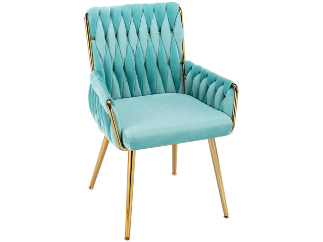 Upholstered Desk Chair 1PC, Hand Weaving, Golden Metal Legs, Light Blue Modern Accent Chair for Home Office, Dining Room, Vanity, Stylish Design,...