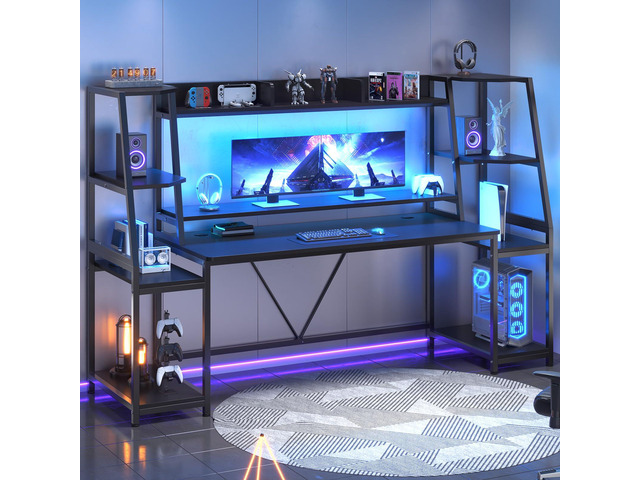 Gaming Desk 78.8'' with LED Lights, Hutch and Storage Shelves, Computer Desk with Monitor Stand, Large PC Gamer Desk Workstation, Ergonomic Gaming...