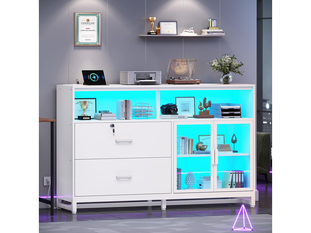 59' File Cabinet, 2 Drawers Filing Cabinets for Home Office fit Legal/Letter/A4 File, File Cabinet with Lock & Power Outlets, Printer Stand with...