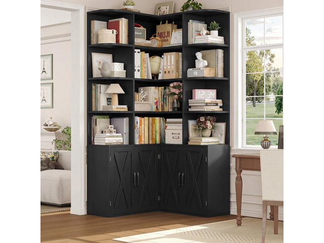 74' Tall Corner Bookshelf, Black Bookshelf with Doors, Corner Bookcase Farmhouse Bookshelves and Bookcases with Storage Large Book Shelf Storage...