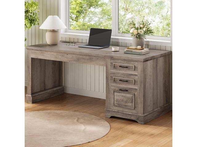 Farmhouse 55' Executive Desk, Computer Desk with Storage Drawers and Power Outlet, Home Office Desk, Workstation for Office Home, Grey