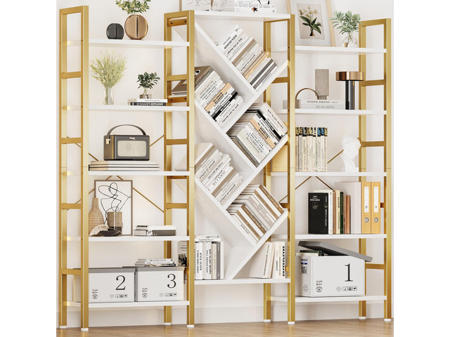 70x70 Triple 5 Tier Book Shelf, Large Wooden Bookcase with 17 Open Display Shelf, Modern Tree Bookshelf Metal Frame Tall Book Case Furniture for...