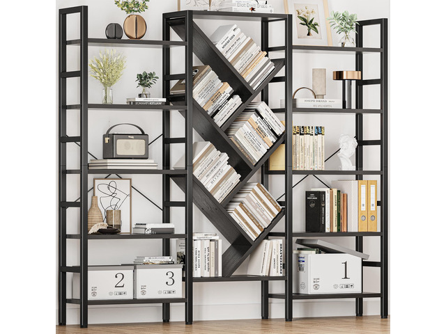 70x70 Triple 5 Tier Book Shelf, Large Wooden Bookcase with 17 Open Display Shelf, Modern Tree Bookshelf Metal Frame Tall Book Case Furniture for...