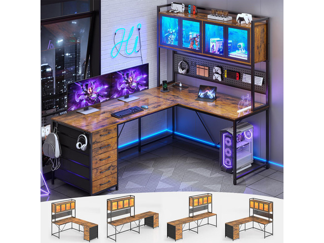 L Shaped Gaming Desk with Drawers, L Shaped Computer Desk with Hutch and Storage Shelves, Gaming Desk with Pegboard, Led Lights, and Power Outlet,...