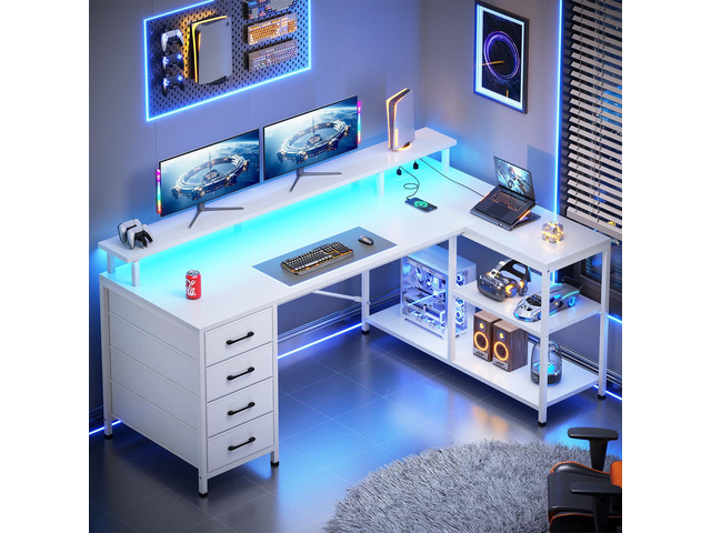 L Shaped Desk with 4 Drawers and Storage Shelves, L Shaped Gaming Desk with LED Lights & Power Outlets, Computer Desk with Shelves & Drawer, Corner...