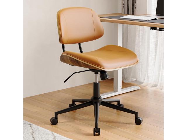 Armless Office Chair, PU Leather, Adjustable, Walnut Style, Brown PU Leather, Adjustable Height, 360° Swivel, Ergonomic, Modern Walnut Style
