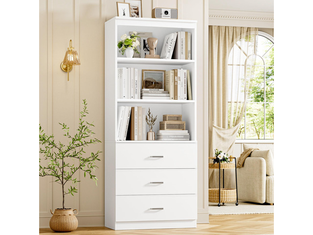 71' H White Bookshelf with Drawers, Bookshelf and Bookcase with 3-Tier Open Shelves, Tall Bookcase Tall Storage Cabinet for Home Office