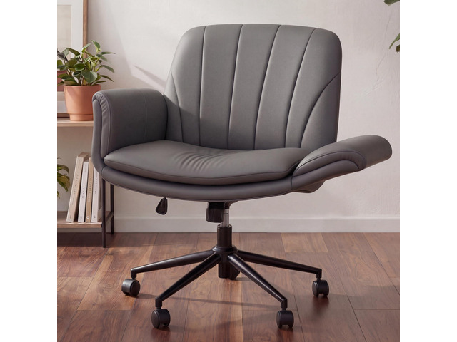 Criss Cross Chair with Five-Level Adjustable Arms and Wheels - Comfortable Ergonomic PU Leather Swivel Vanity Chair - Computer Makeup Gaming Chair...