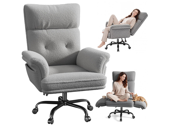 Office Chair with Wheels & Side Pockets,Flip Armrests for Pets & Cross Legged Sitting,Ergonomic Adjustable Vanity Chair Teddy Plush Office Desk...