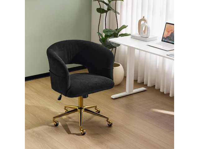 Modern Curved Office & Vanity Desk Chair, Cute Upholstered Nail Chair with Wheels & 360° Swivel & Club & Tilting & Gold Base, for Bedroom, Living...