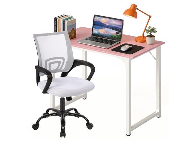 32 Inch Home Office Desk and Chair Set,32 Inch Computer Desk with Ergonomic Height Adjustable Office Chair for Home Office,Pink & White
