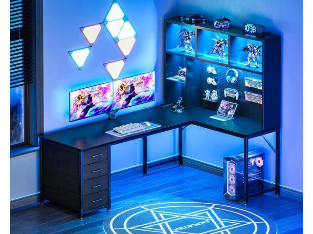 63' L Shaped Gaming Desk with Hutch, Pegboard & Shelves, L Shaped Desk with 4 Drawers, Integrated LED Light Strip & Power Outlets, Reversible PC...
