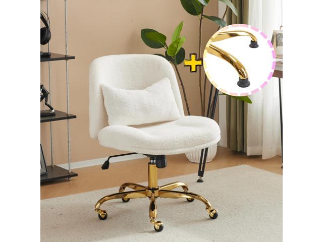 Wide Criss Cross Legged Office Chair,Buttprint Ergonomic Desk Chair Comfy with Pillow & Gold Base,Dual-Use with/no Wheels,Adjustable Vanity Swivel.