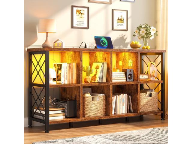 8 Cube Storage Organizer with LED for Living Room, Rustic Brown Charging Station, Home Organizer, Holds 245 LBS, Stable Cube Grid Frame