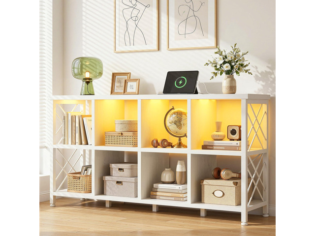 8 Cube Storage Organizer with LED Light and Charging Station, Wood and Metal Cube Shelf as White Horizontal Book Shelf for Bedroom Home Office