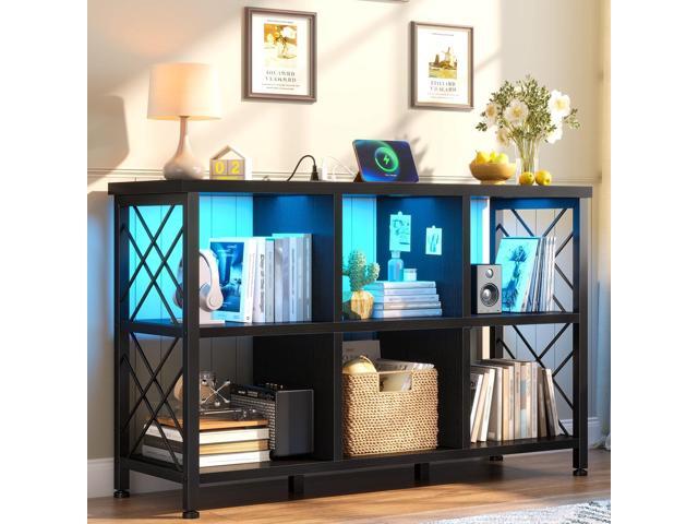6 Cube Storage Organizer with LED Light and Charging Station, Wood and Metal Cube Shelf as Long Horizontal Book Shelf for Bedroom Home Office, Black