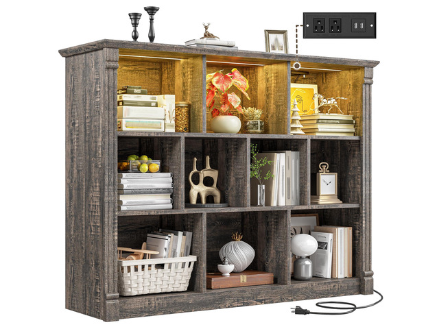 10 Cube Storage Organizer with LED Light and Charging Station Wood Cube Shelf Display Cabinet for Bedroom, Living Room, Office, Black Oak