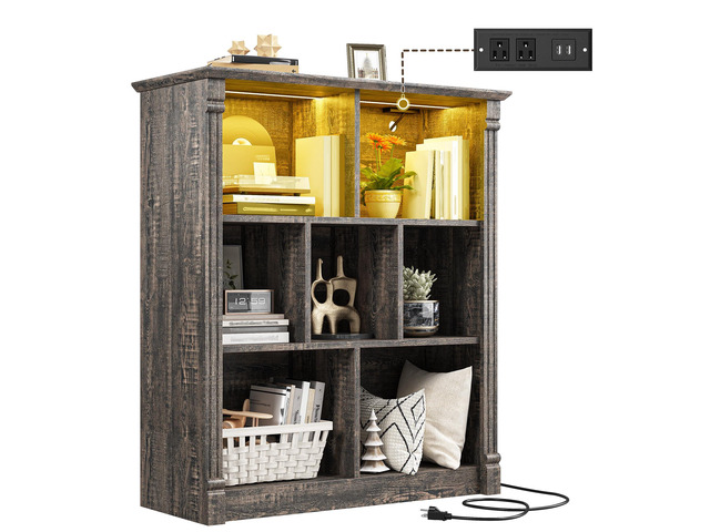 7 Cube Bookshelf Cubby Storage Organizer with LED Lights and Charging Station, Wood Shelf Display Cabinet for Bedroom, Living Room, Office Black Oak