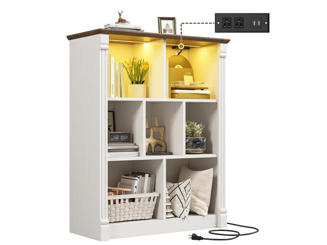 7 Cube Storage Organizer, Bookcase with LED Light and Charging Station, Wood Bookshelf for Living Room, Bedroom, Home Office, White