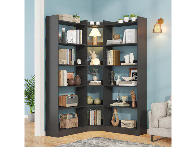 6 Tiers Corner Bookshelf and Bookcase with Baffle, 63.1' Tall Modern L-Shaped Storage Display Book Shelf Industrial Bookshelves for Bedroom, Living...