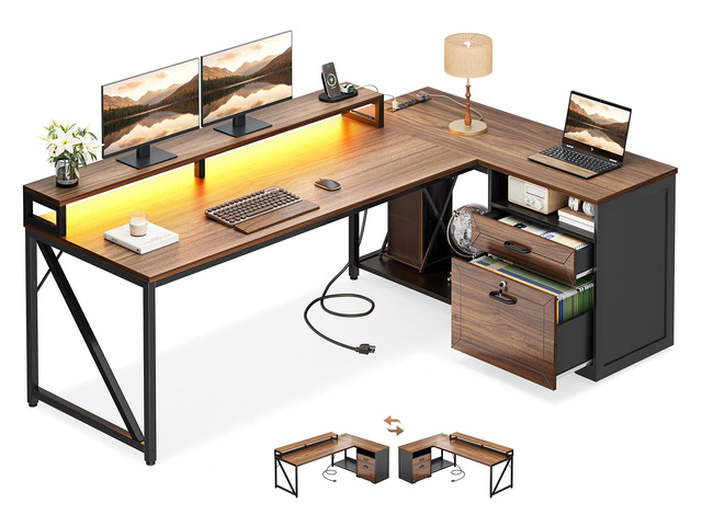 L Shaped Desk with Wooden Drawers & Locking File Cabinet, 61 Inch Large Executive Desk with Power Outlet, Led Computer Desk with Storage, Corner...