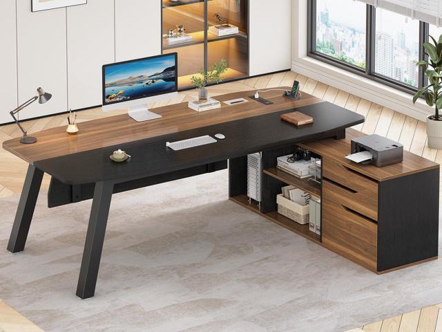 71' Executive Desk with File Cabinet, Large Office Desk with Drawers and Shelves, L Shaped Computer Desk with Power Outlets, Business Furniture...