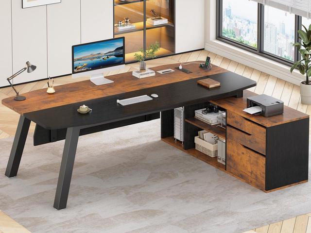 71' Executive Desk with File Cabinet, Large Office Desk with Drawers and Shelves, L Shaped Computer Desk with Power Outlets, Business Furniture...