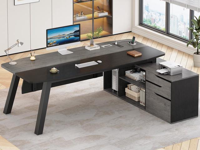 71' Executive Desk with File Cabinet, Large Office Desk with Drawers and Shelves, L Shaped Computer Desk with Power Outlets, Business Furniture.