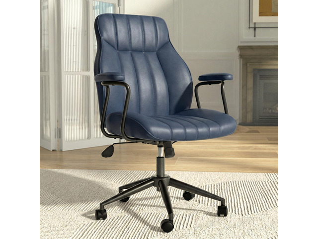 Blue Leather Office Chair, Mid Century Home Office Desk Chair Ergonomic Curve Design, Removable Padded Arms, Height Adjustable Swivel Seat &...