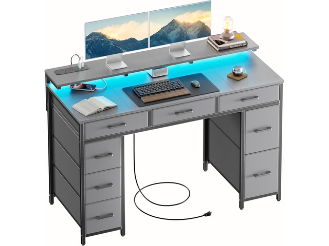 47 inch Computer Desk with 8 Storage Drawers, Gaming Desk with LED Lights & USB Power Outlets, Home Office Table with Monitor Stand, Study Writing...