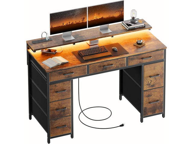 47 inch Computer Desk with 8 Storage Drawers, Gaming Desk with LED Lights & USB Power Outlets, Home Office Table with Monitor Stand, Study Writing...