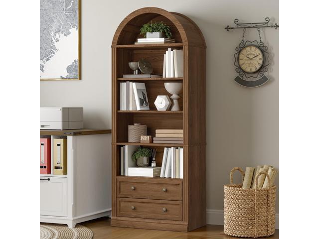 Farmhouse Arched Bookshelf, 7 Tiers Arch Bookcase with 2 Spacious Drawers, Modern Book Shelf with Open Display Shelves and Storage Cabinet, for...