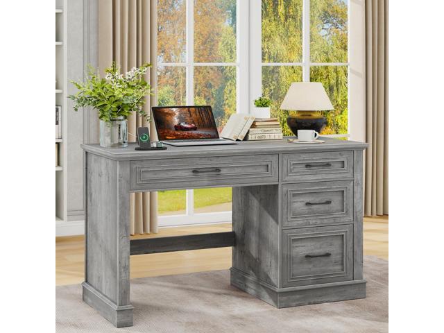 Farmhouse 47' Executive Desk, Computer Desk with Drawers and File Drawer, Workstation Computer Desk with Charging Station for Home Office,Study,Grey