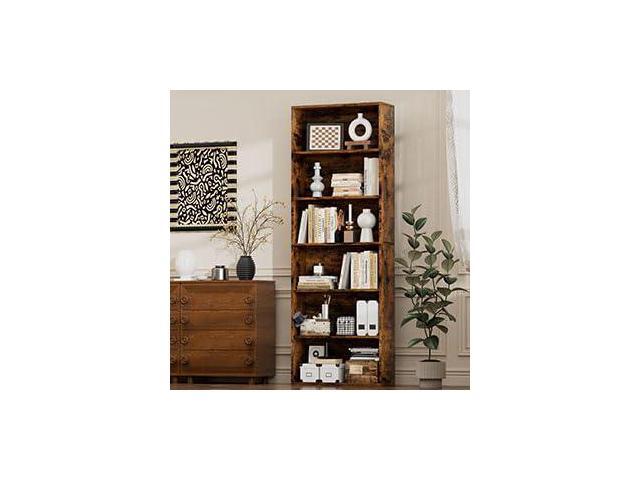 Narrow Tall Bookshelf 6 Shelf Bookcase Vertical Storage, Slim Profile Tall Narrow Storage Unit for Home Office, Living Room, Bedroom, Vintage Brown