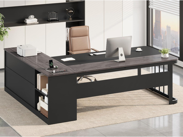 71' Executive Desk, Large Office Desk with Drawers & Storage Shelves, Modern L Shaped Computer Desk Corner Desk with Power Outlets, File Cabinet,...