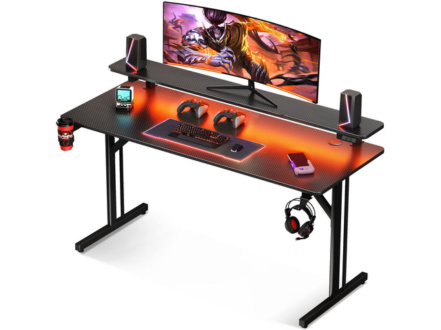 47 Inch Gaming Desk with LED Lights, Computer Desk Gaming Table with Monitor Shelf, Gamer Desk with Carbon Fiber Texture, Kids Boys Desk Gift for Men